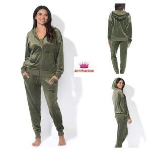 $68 Felina Luxe Velour Zip Hoodie and Jogger 2-Piece Set S Small Green Olive